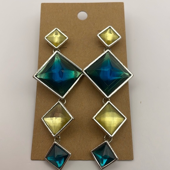 Nine West Jewelry - Nine West Blue/Green and Pale Yellow Silver Toned Dangle Earrings (F4)